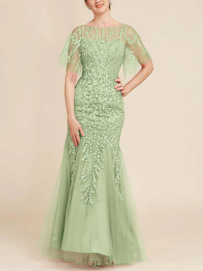 Floor-Length Mother of the Bride Lace Dresses with Trumpet/Mermaid Scoop Half Sleeves-BMbridal