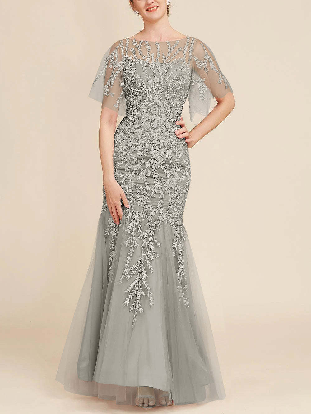 Floor-Length Mother of the Bride Lace Dresses with Trumpet/Mermaid Scoop Half Sleeves-BMbridal