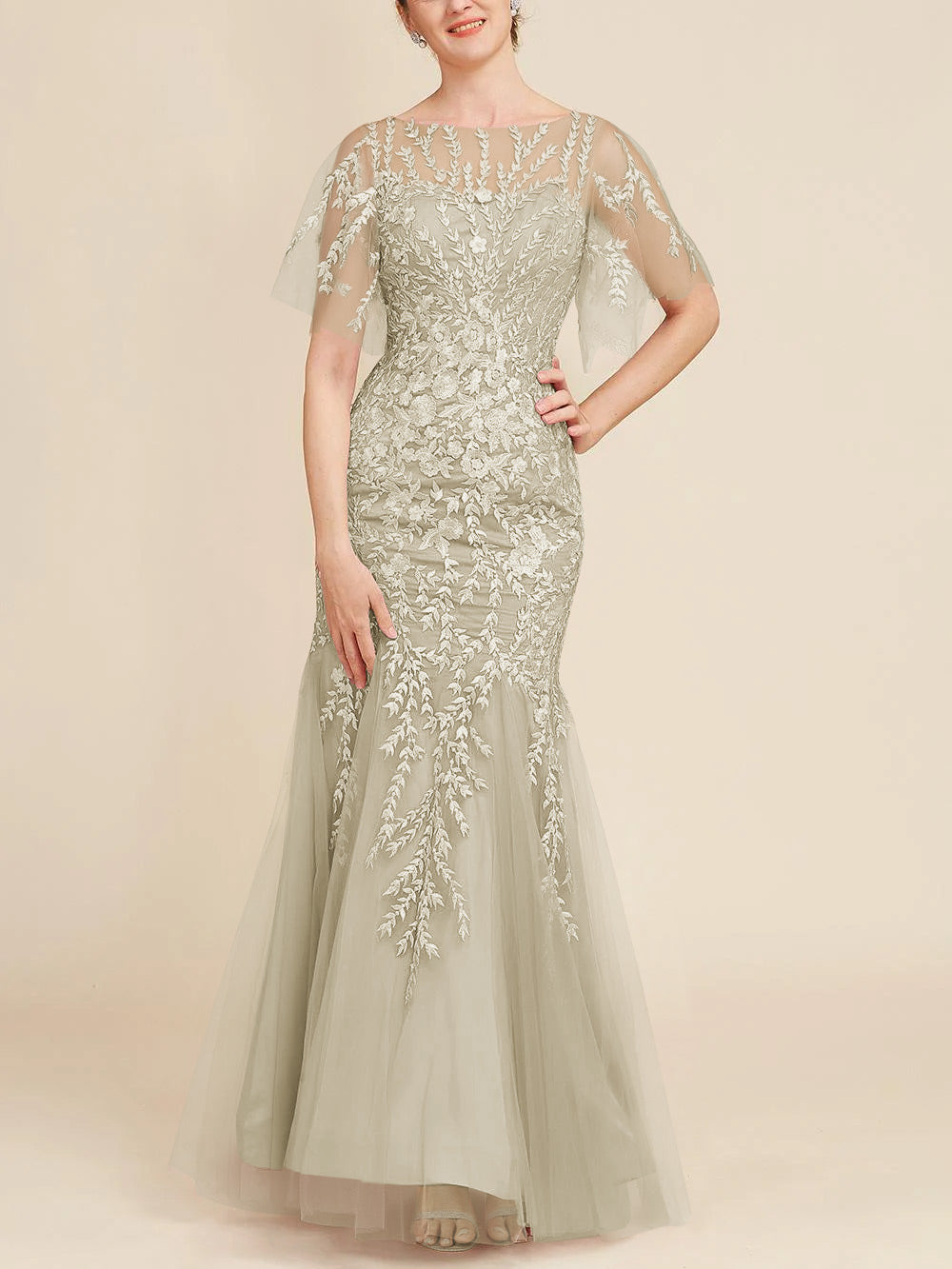 Floor-Length Mother of the Bride Lace Dresses with Trumpet/Mermaid Scoop Half Sleeves-BMbridal