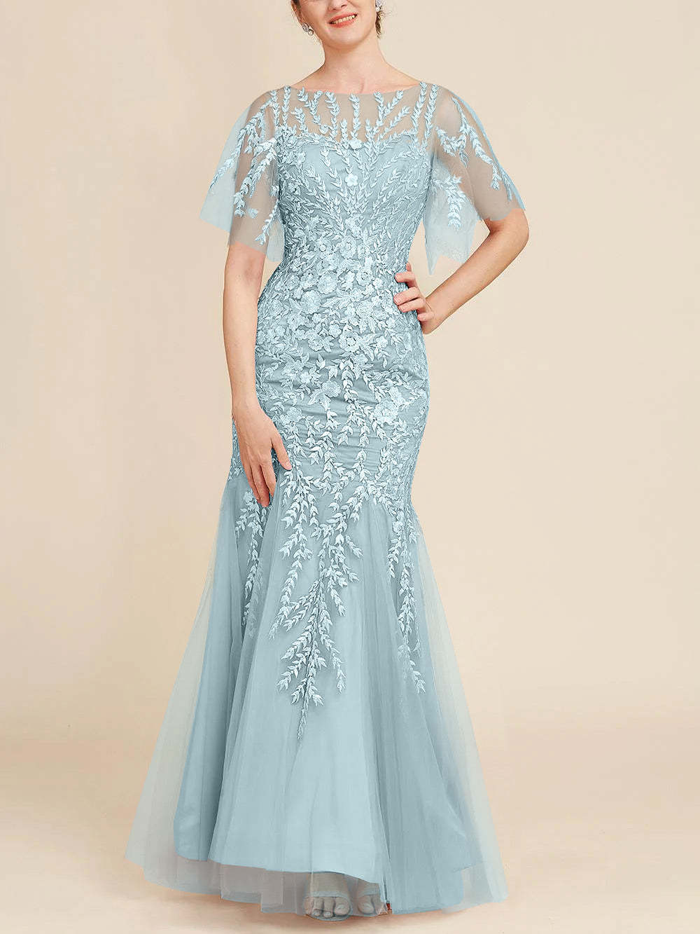Floor-Length Mother of the Bride Lace Dresses with Trumpet/Mermaid Scoop Half Sleeves-BMbridal