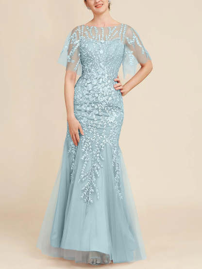 Floor-Length Mother of the Bride Lace Dresses with Trumpet/Mermaid Scoop Half Sleeves-BMbridal