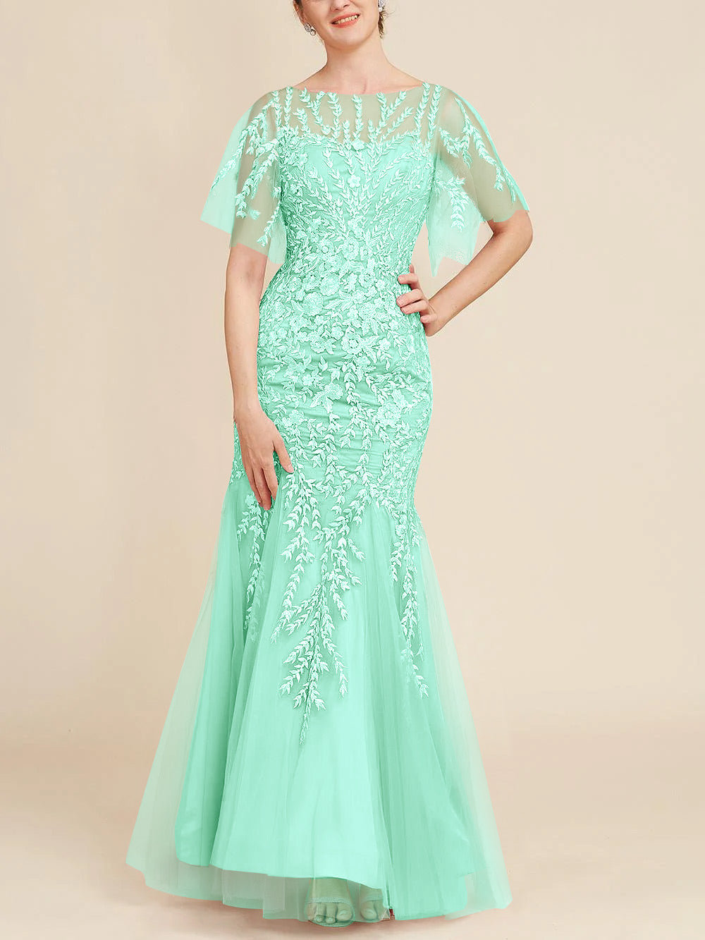 Floor-Length Mother of the Bride Lace Dresses with Trumpet/Mermaid Scoop Half Sleeves-BMbridal