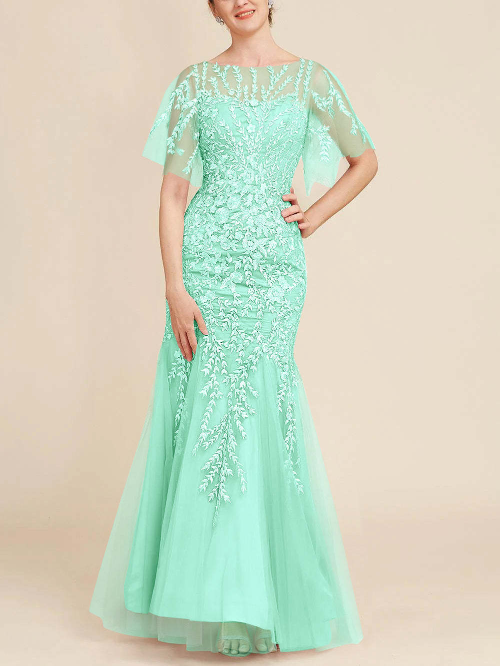 Floor-Length Mother of the Bride Lace Dresses with Trumpet/Mermaid Scoop Half Sleeves-BMbridal