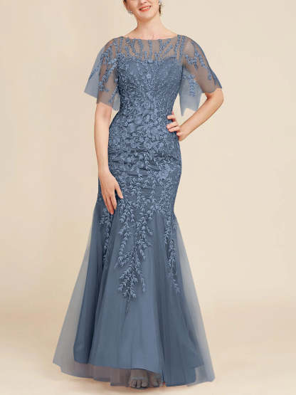 Floor-Length Mother of the Bride Lace Dresses with Trumpet/Mermaid Scoop Half Sleeves-BMbridal