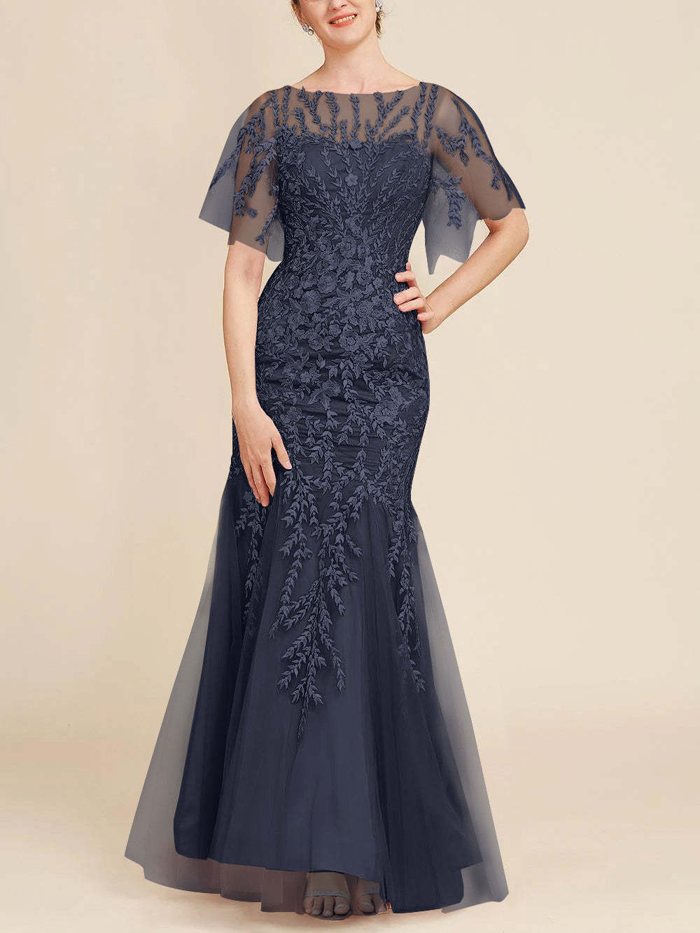 Floor-Length Mother of the Bride Lace Dresses with Trumpet/Mermaid Scoop Half Sleeves-BMbridal
