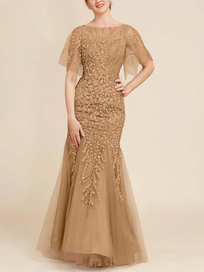 Floor-Length Mother of the Bride Lace Dresses with Trumpet/Mermaid Scoop Half Sleeves-BMbridal