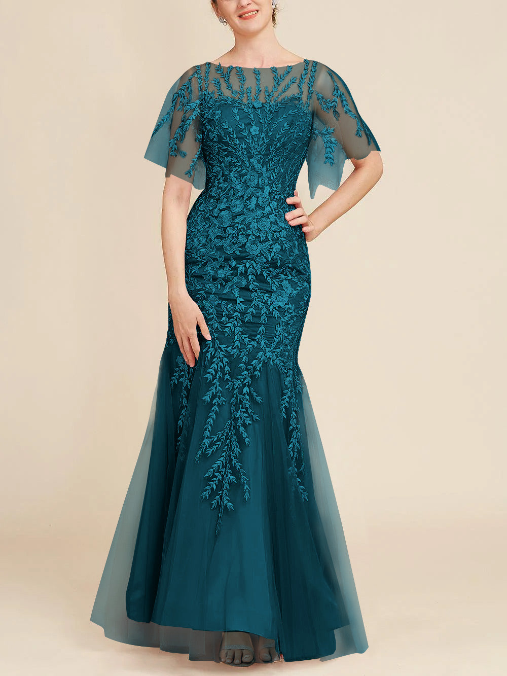 Floor-Length Mother of the Bride Lace Dresses with Trumpet/Mermaid Scoop Half Sleeves-BMbridal