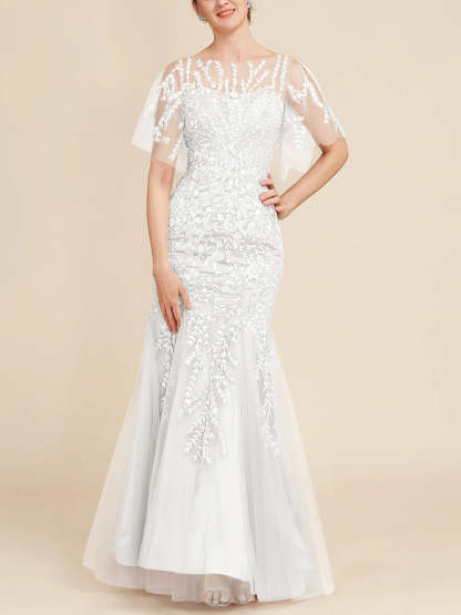 Floor-Length Mother of the Bride Lace Dresses with Trumpet/Mermaid Scoop Half Sleeves-BMbridal