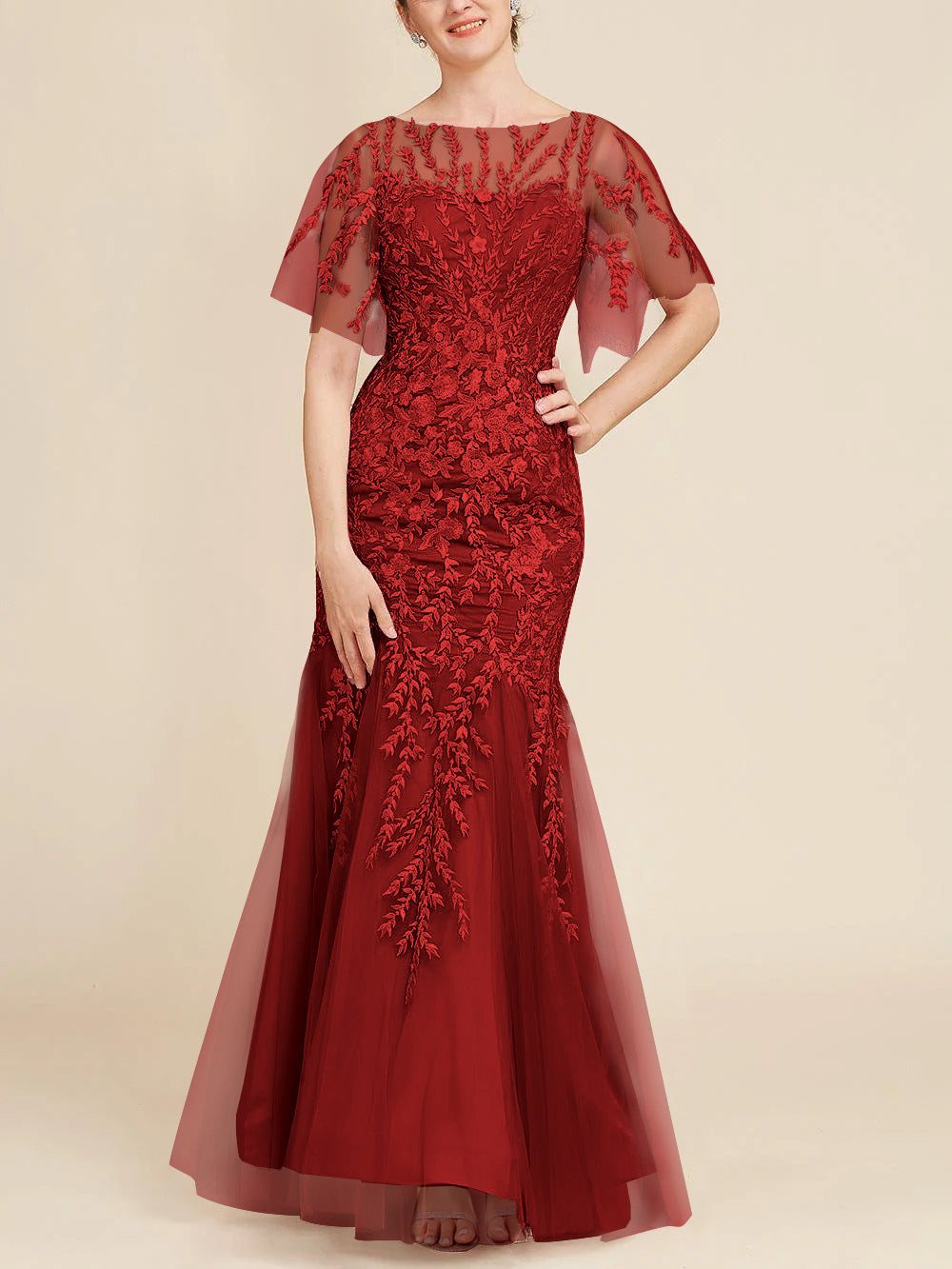 Floor-Length Mother of the Bride Lace Dresses with Trumpet/Mermaid Scoop Half Sleeves-BMbridal
