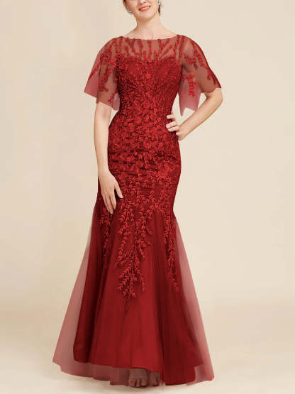 Floor-Length Mother of the Bride Lace Dresses with Trumpet/Mermaid Scoop Half Sleeves-BMbridal