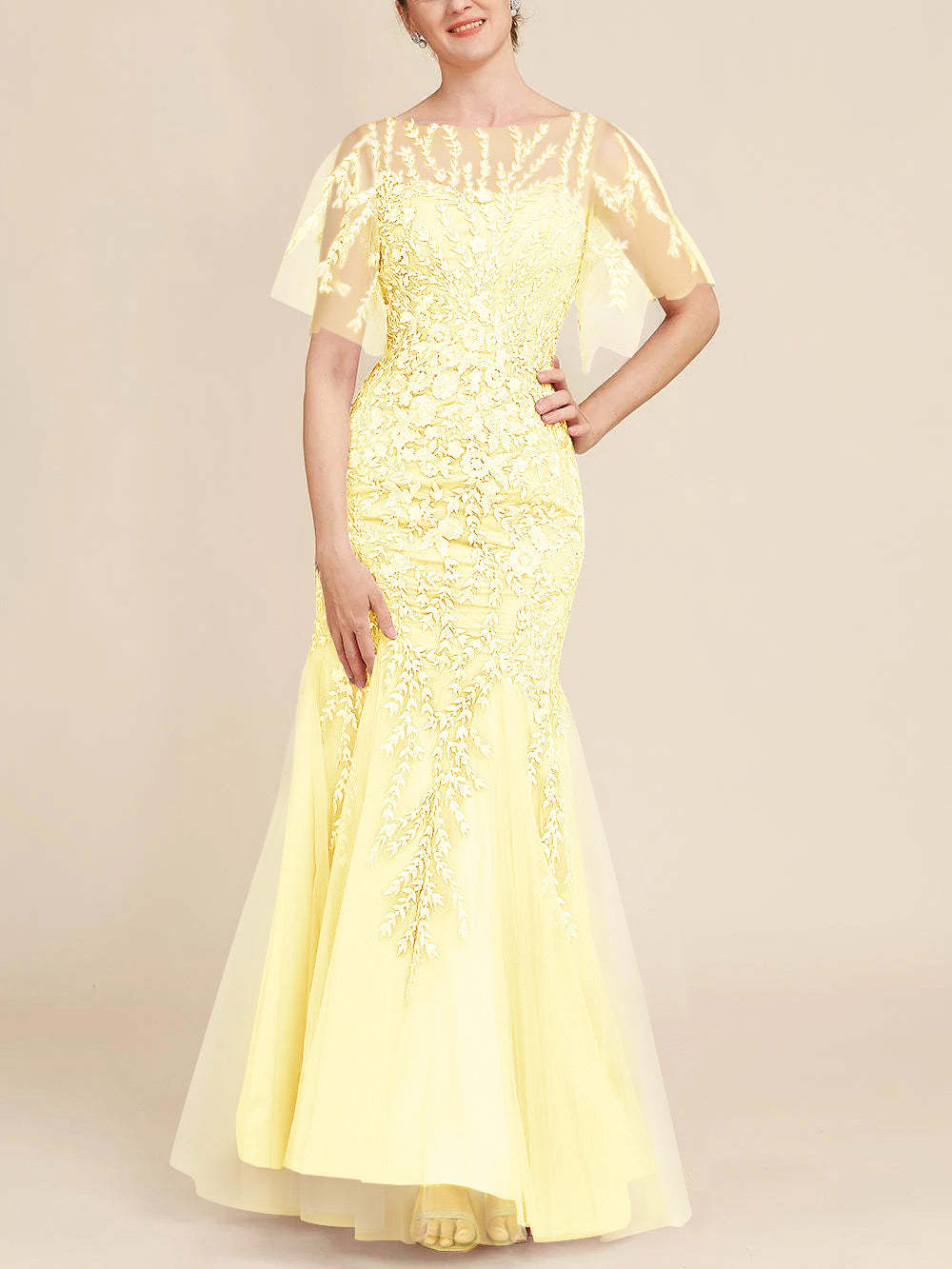 Floor-Length Mother of the Bride Lace Dresses with Trumpet/Mermaid Scoop Half Sleeves-BMbridal