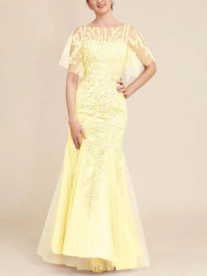 Floor-Length Mother of the Bride Lace Dresses with Trumpet/Mermaid Scoop Half Sleeves-BMbridal