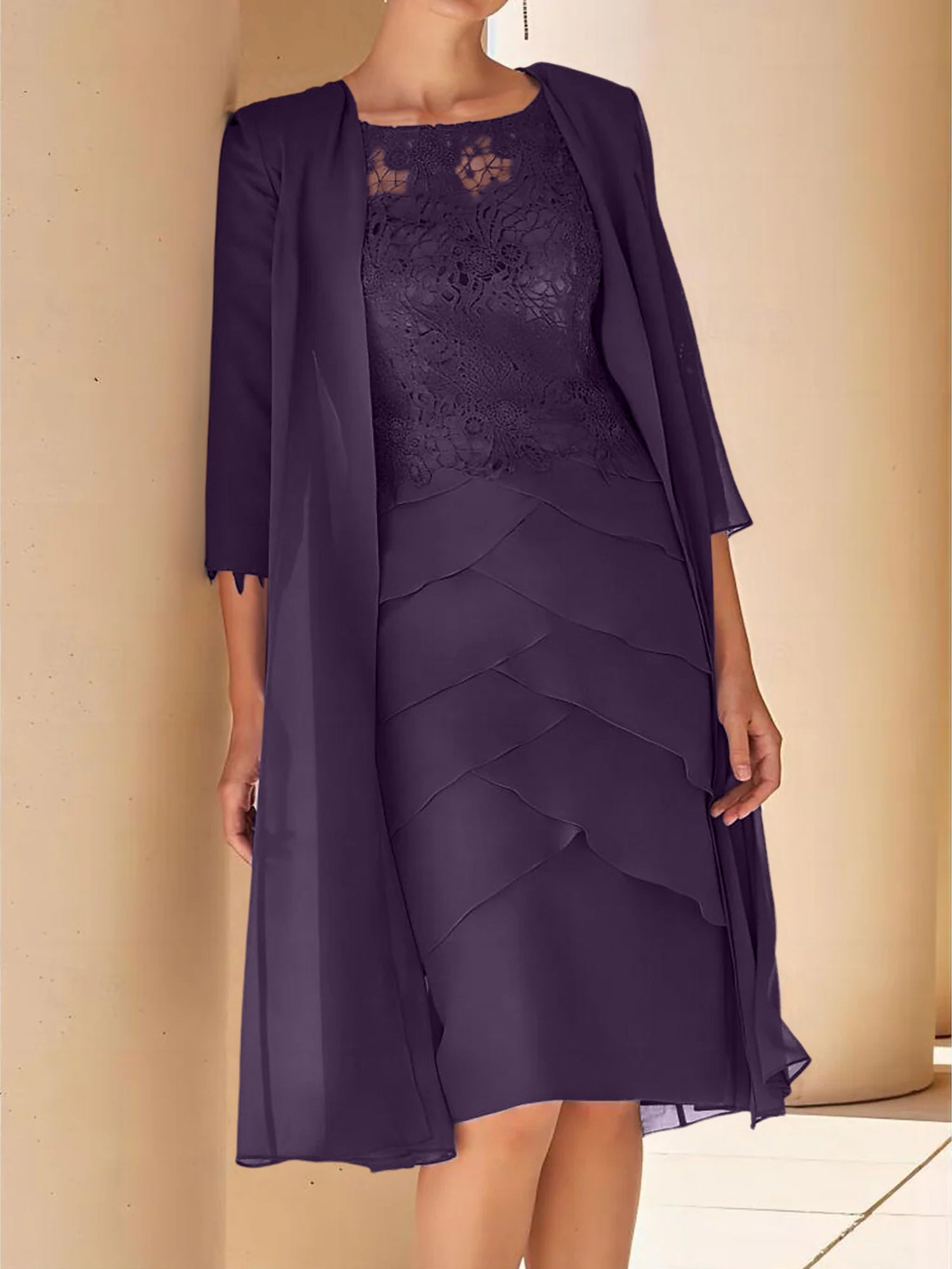 Short Sleeve Knee-Length Lace Sheath Dress for the Mother of the Bride-BMbridal