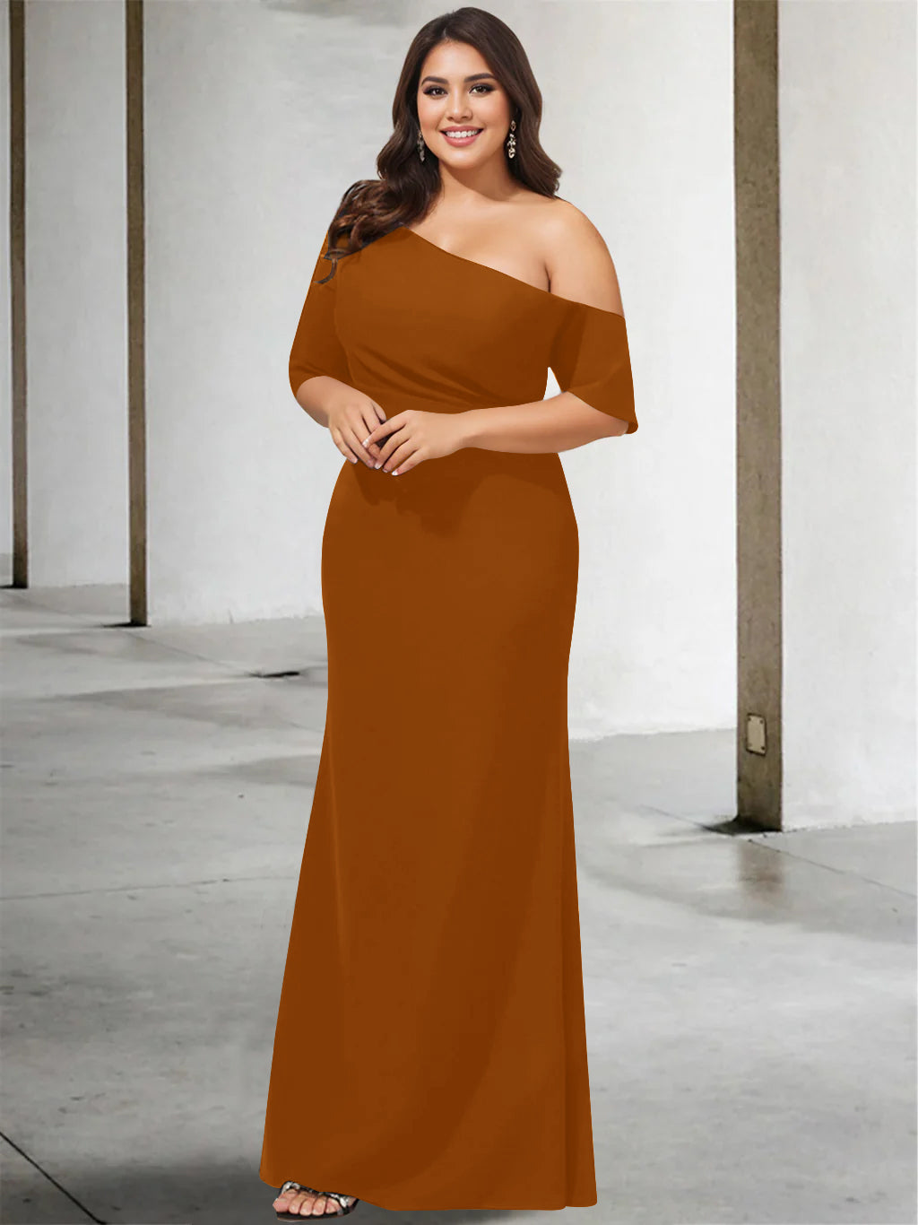 Princess A-Line Floor-Length One-Shoulder 3/4 Sleeve Pure Color Plus Size Mother of the Bride Gown-BMbridal