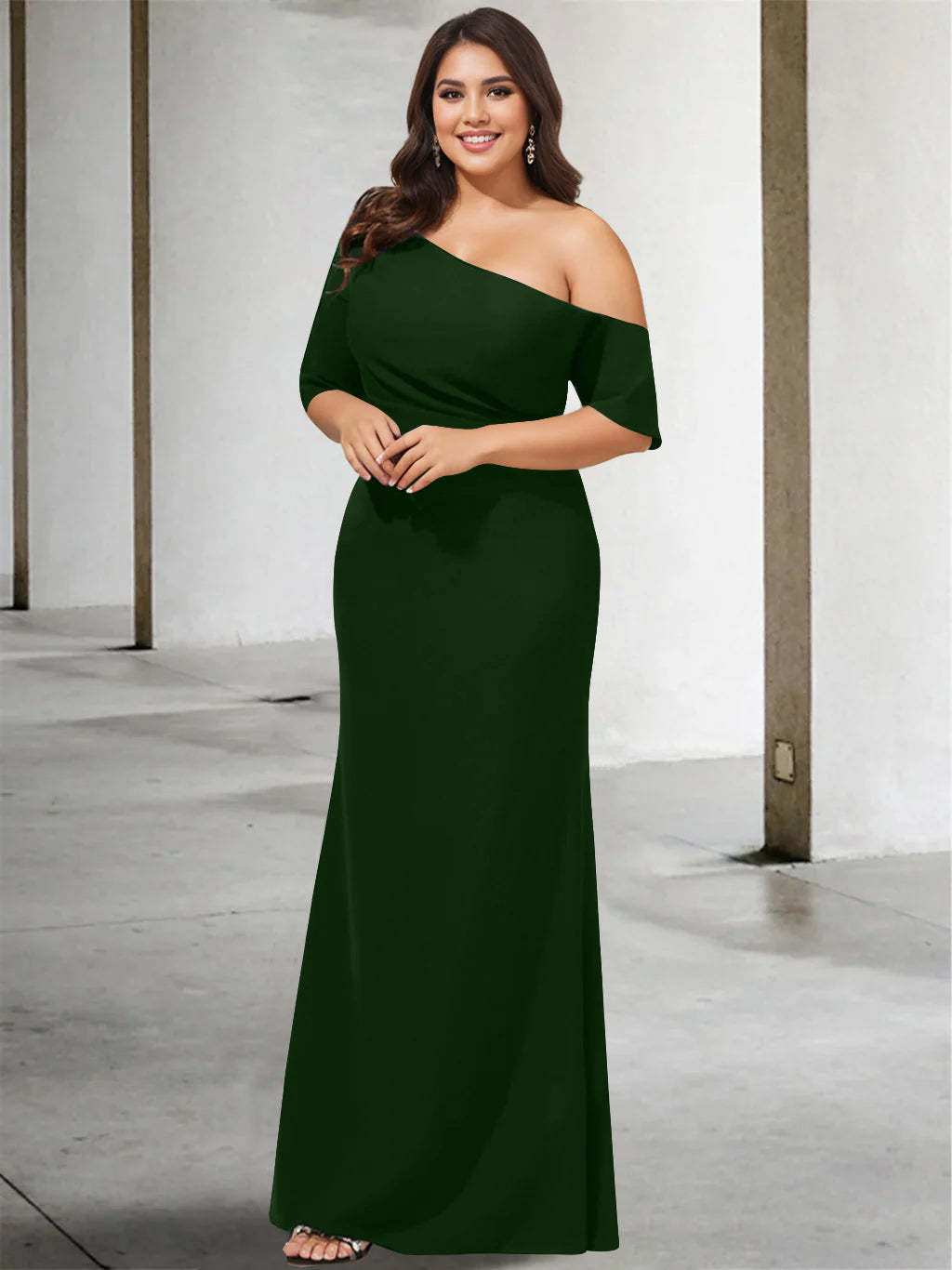 Princess A-Line Floor-Length One-Shoulder 3/4 Sleeve Pure Color Plus Size Mother of the Bride Gown-BMbridal
