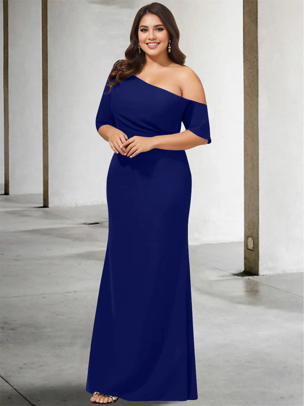 Princess A-Line Floor-Length One-Shoulder 3/4 Sleeve Pure Color Plus Size Mother of the Bride Gown-BMbridal