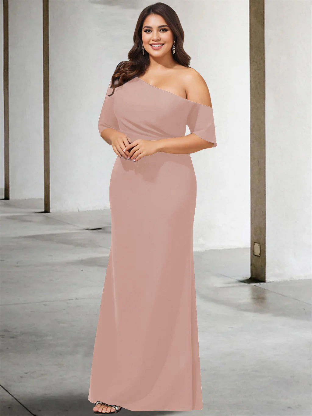 Princess A-Line Floor-Length One-Shoulder 3/4 Sleeve Pure Color Plus Size Mother of the Bride Gown-BMbridal