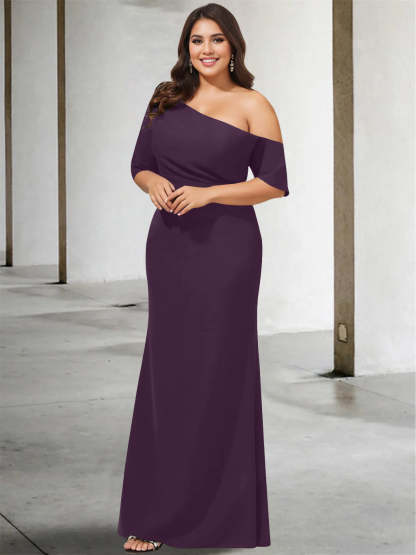 Princess A-Line Floor-Length One-Shoulder 3/4 Sleeve Pure Color Plus Size Mother of the Bride Gown-BMbridal