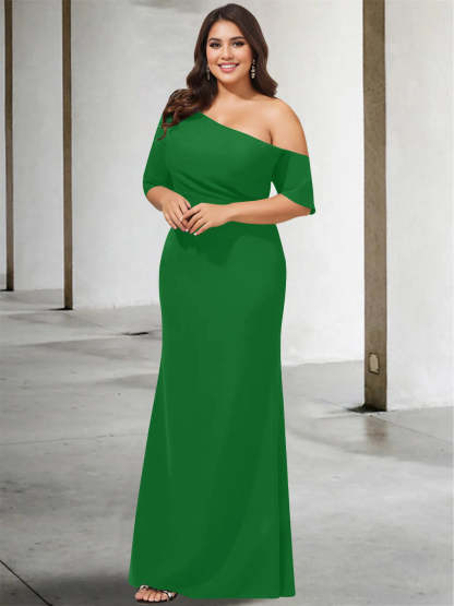 Princess A-Line Floor-Length One-Shoulder 3/4 Sleeve Pure Color Plus Size Mother of the Bride Gown-BMbridal