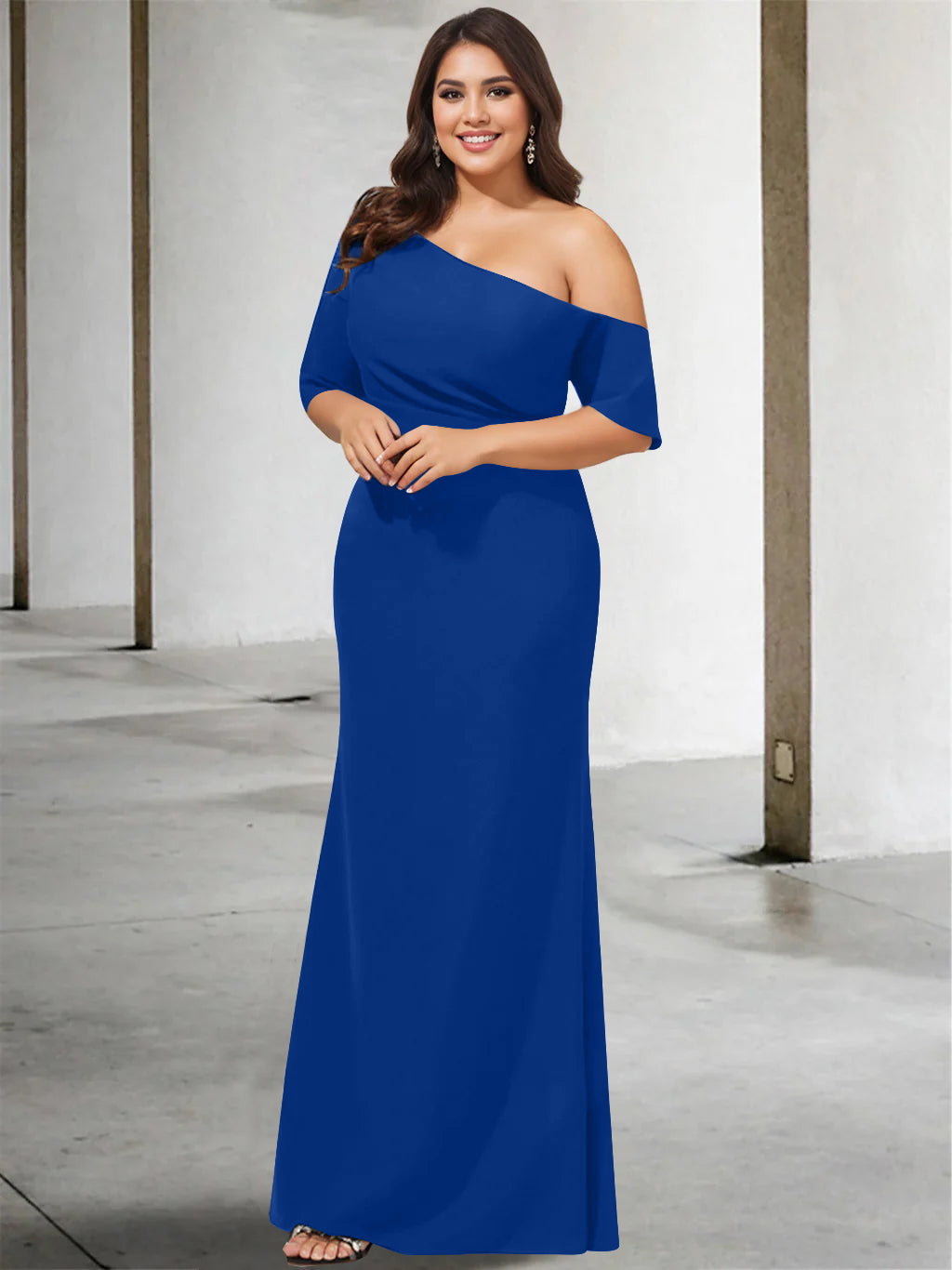 Princess A-Line Floor-Length One-Shoulder 3/4 Sleeve Pure Color Plus Size Mother of the Bride Gown-BMbridal