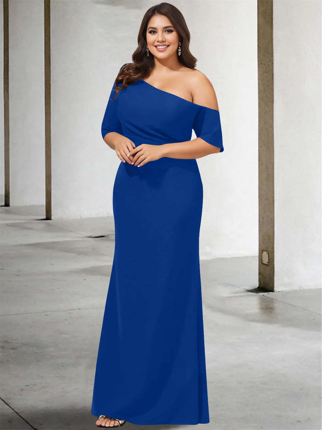 Princess A-Line Floor-Length One-Shoulder 3/4 Sleeve Pure Color Plus Size Mother of the Bride Gown-BMbridal