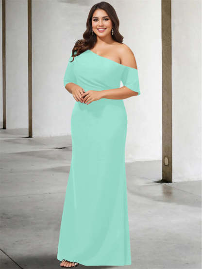 Princess A-Line Floor-Length One-Shoulder 3/4 Sleeve Pure Color Plus Size Mother of the Bride Gown-BMbridal