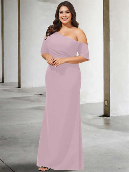 Princess A-Line Floor-Length One-Shoulder 3/4 Sleeve Pure Color Plus Size Mother of the Bride Gown-BMbridal