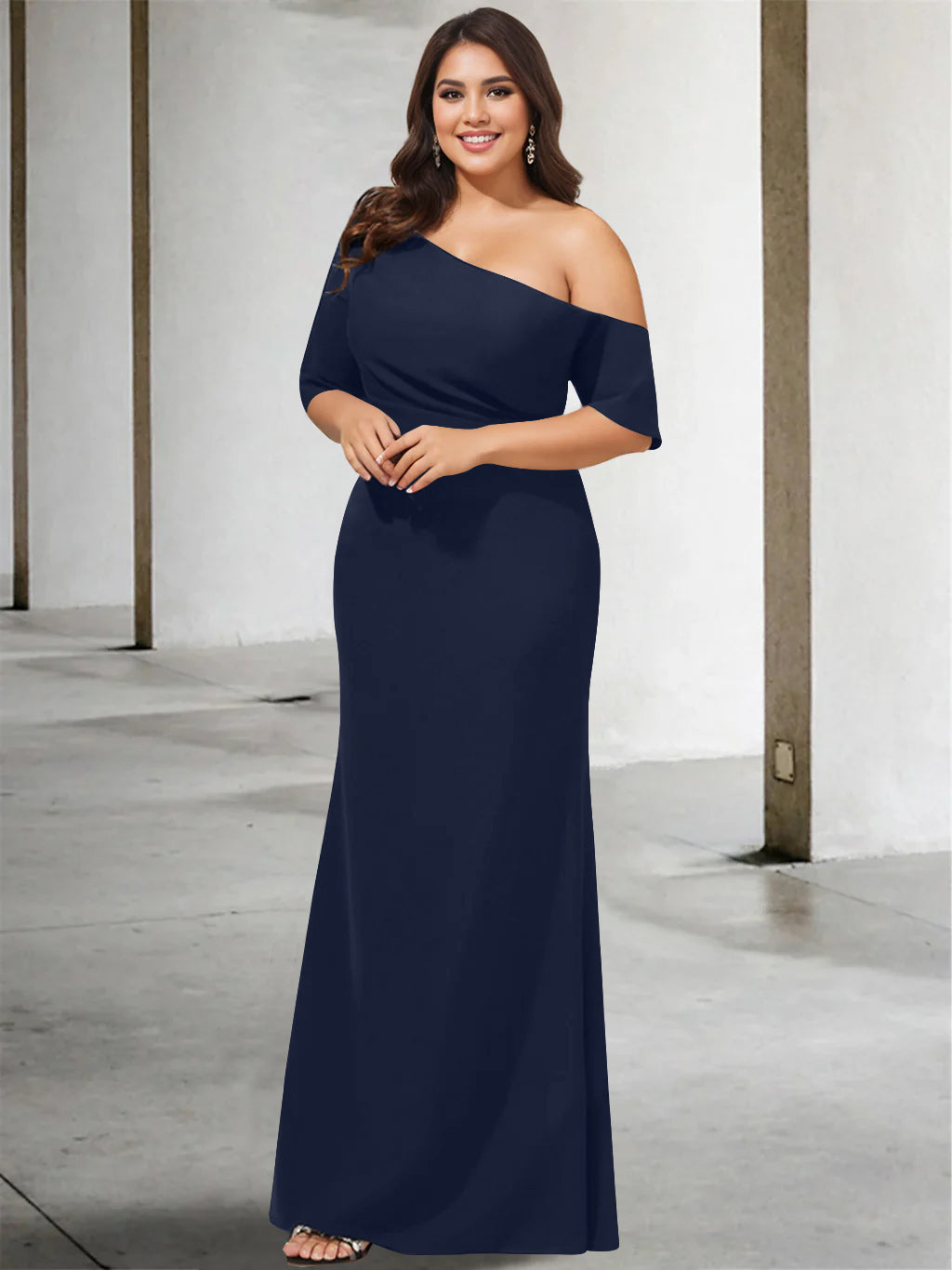 Princess A-Line Floor-Length One-Shoulder 3/4 Sleeve Pure Color Plus Size Mother of the Bride Gown-BMbridal
