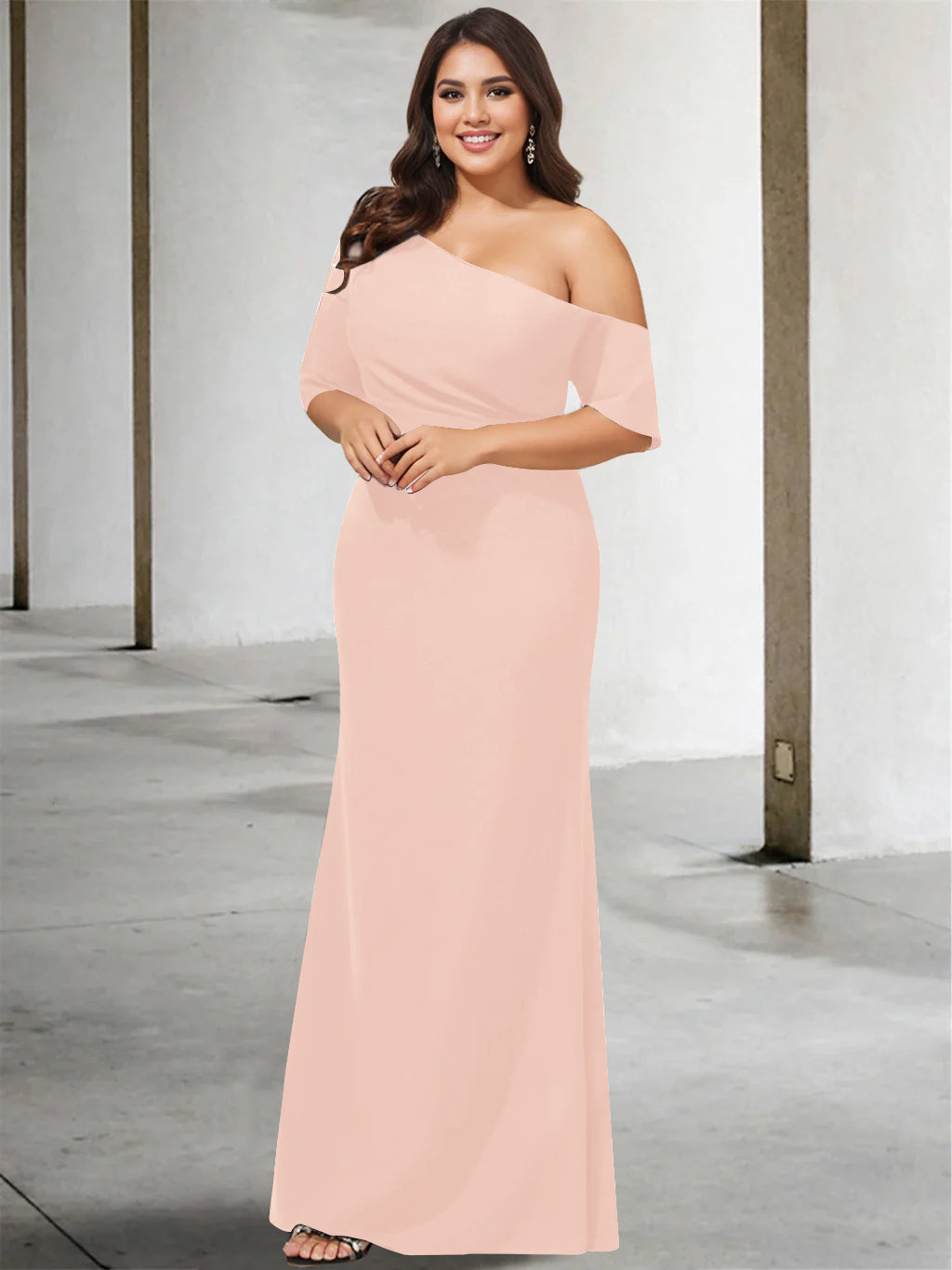 Princess A-Line Floor-Length One-Shoulder 3/4 Sleeve Pure Color Plus Size Mother of the Bride Gown-BMbridal