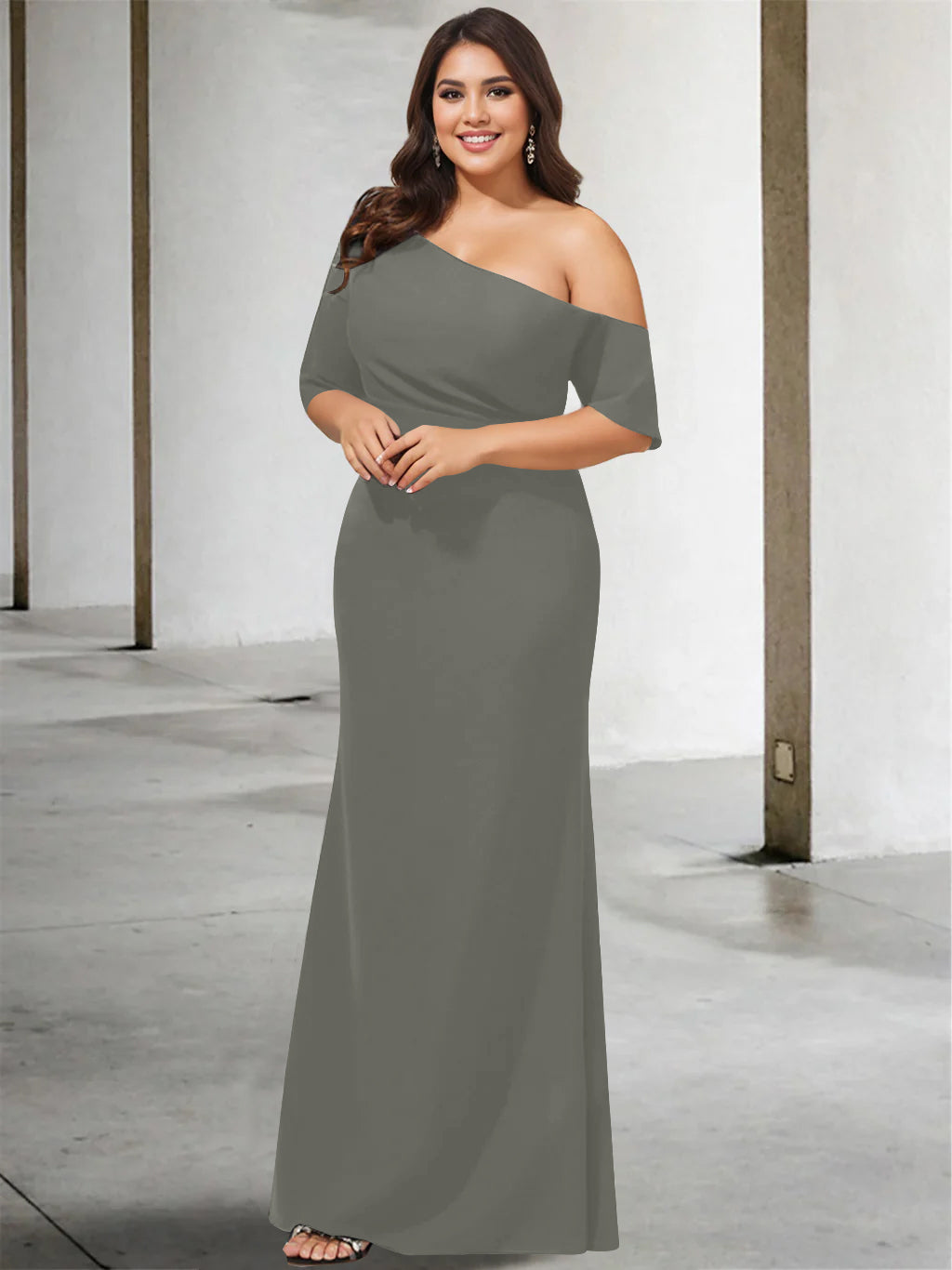Princess A-Line Floor-Length One-Shoulder 3/4 Sleeve Pure Color Plus Size Mother of the Bride Gown-BMbridal
