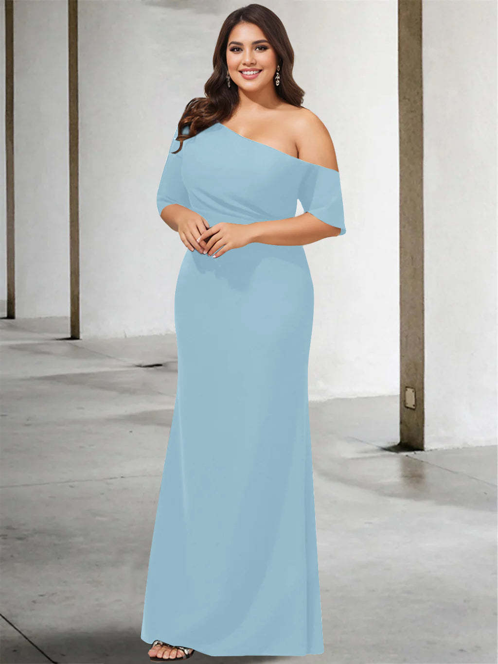 Princess A-Line Floor-Length One-Shoulder 3/4 Sleeve Pure Color Plus Size Mother of the Bride Gown-BMbridal