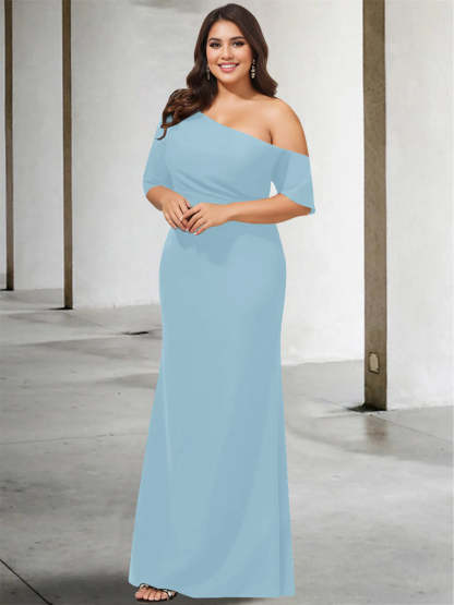 Princess A-Line Floor-Length One-Shoulder 3/4 Sleeve Pure Color Plus Size Mother of the Bride Gown-BMbridal