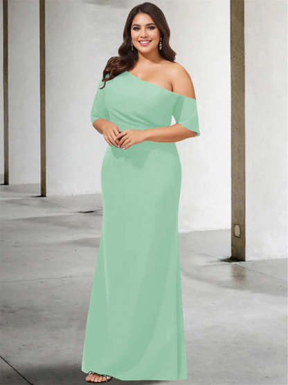 Princess A-Line Floor-Length One-Shoulder 3/4 Sleeve Pure Color Plus Size Mother of the Bride Gown-BMbridal