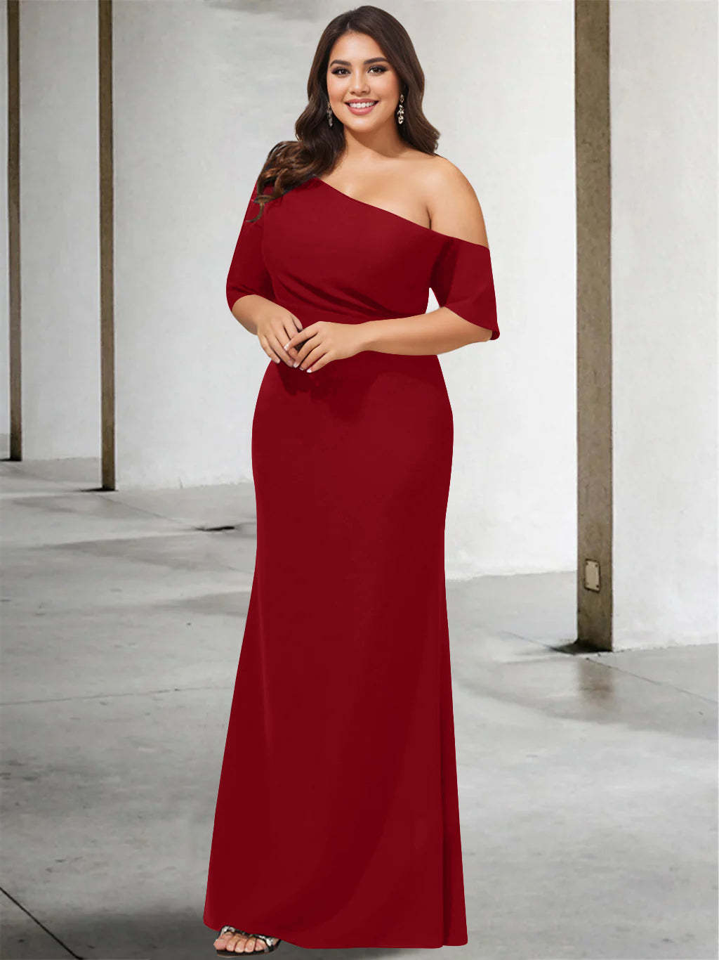Princess A-Line Floor-Length One-Shoulder 3/4 Sleeve Pure Color Plus Size Mother of the Bride Gown-BMbridal
