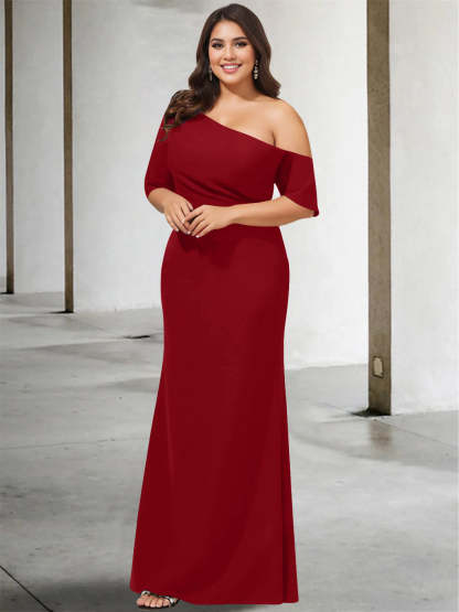 Princess A-Line Floor-Length One-Shoulder 3/4 Sleeve Pure Color Plus Size Mother of the Bride Gown-BMbridal