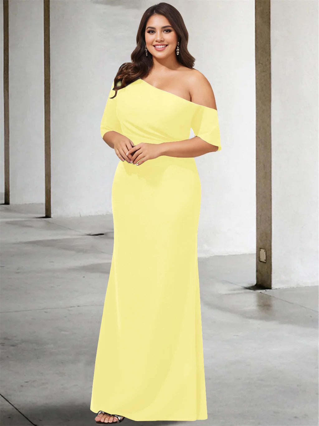 Princess A-Line Floor-Length One-Shoulder 3/4 Sleeve Pure Color Plus Size Mother of the Bride Gown-BMbridal