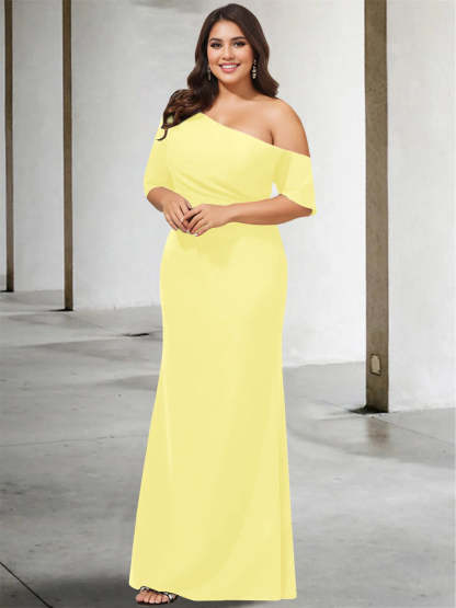 Princess A-Line Floor-Length One-Shoulder 3/4 Sleeve Pure Color Plus Size Mother of the Bride Gown-BMbridal