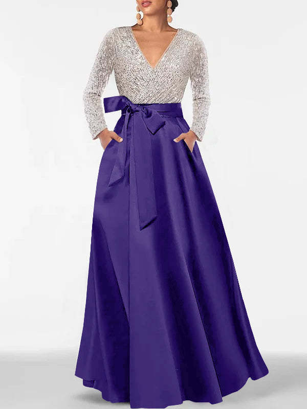 V-Neck A-Line Princess Floor-Length Mother of the Bride Dress with Long Sleeves Pocket and Sequins-BMbridal