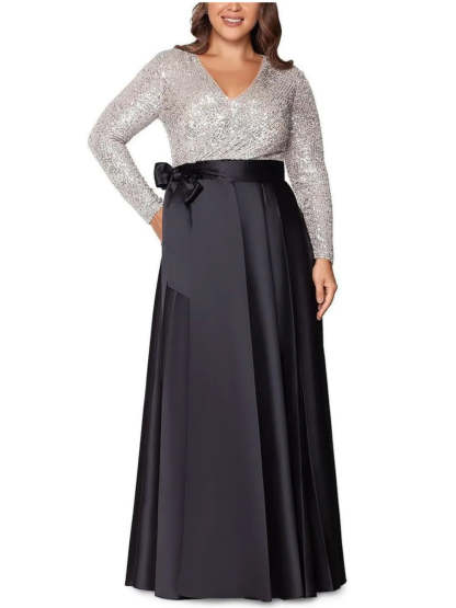 V-Neck A-Line Princess Floor-Length Plus Size Mother of the Bride Dress With Long Sleeves and Pocket Sequins