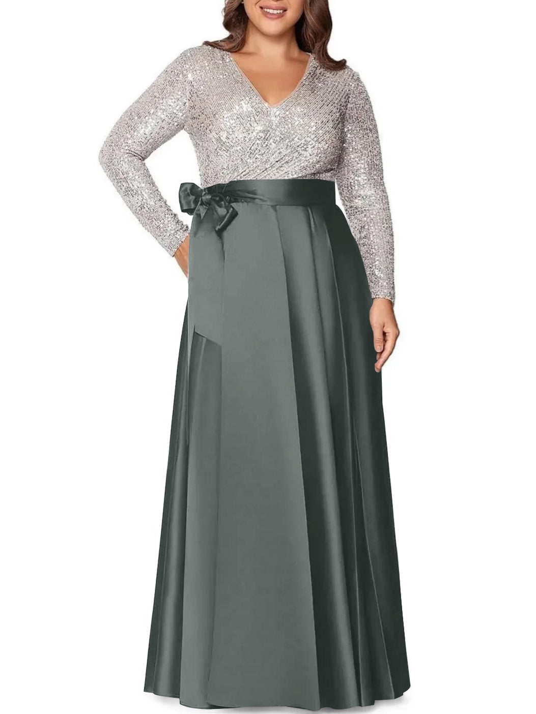 V-Neck A-Line Princess Floor-Length Plus Size Mother of the Bride Dress With Long Sleeves and Pocket Sequins
