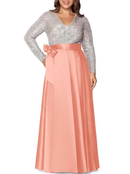 V-Neck A-Line Princess Floor-Length Plus Size Mother of the Bride Dress With Long Sleeves and Pocket Sequins