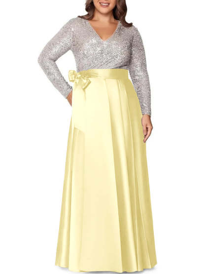 V-Neck A-Line Princess Floor-Length Plus Size Mother of the Bride Dress With Long Sleeves and Pocket Sequins
