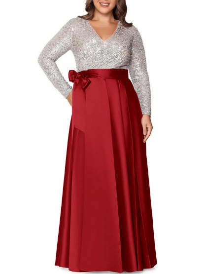 V-Neck A-Line Princess Floor-Length Plus Size Mother of the Bride Dress With Long Sleeves and Pocket Sequins