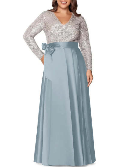V-Neck A-Line Princess Floor-Length Plus Size Mother of the Bride Dress With Long Sleeves and Pocket Sequins