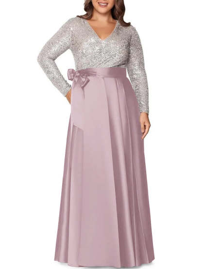 V-Neck A-Line Princess Floor-Length Plus Size Mother of the Bride Dress With Long Sleeves and Pocket Sequins