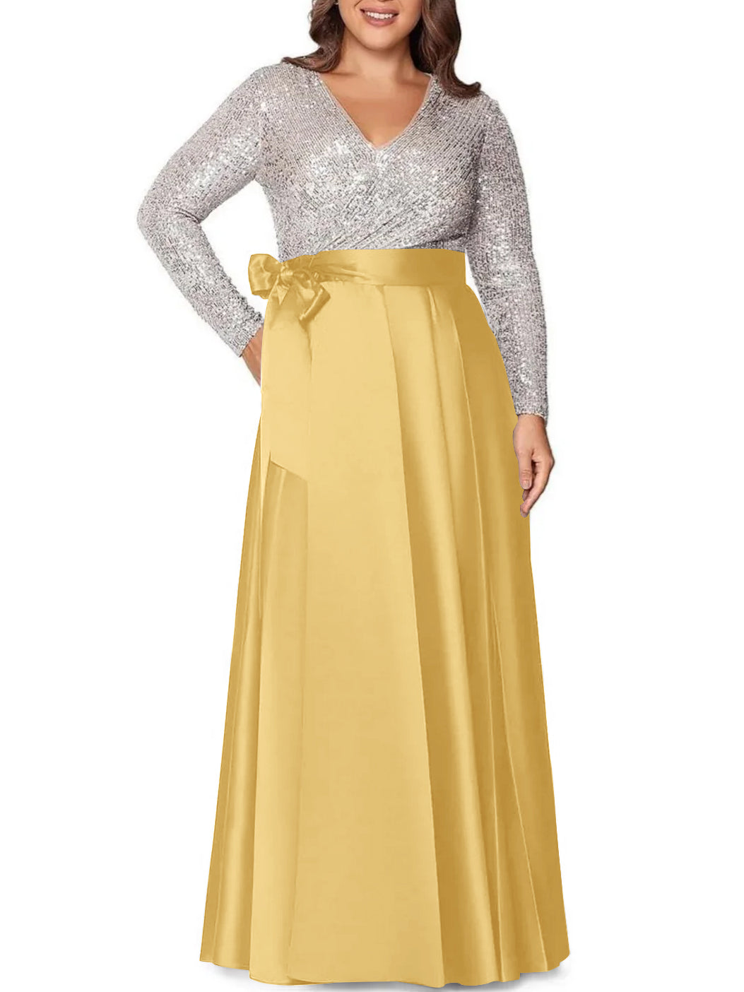 V-Neck A-Line Princess Floor-Length Plus Size Mother of the Bride Dress With Long Sleeves and Pocket Sequins