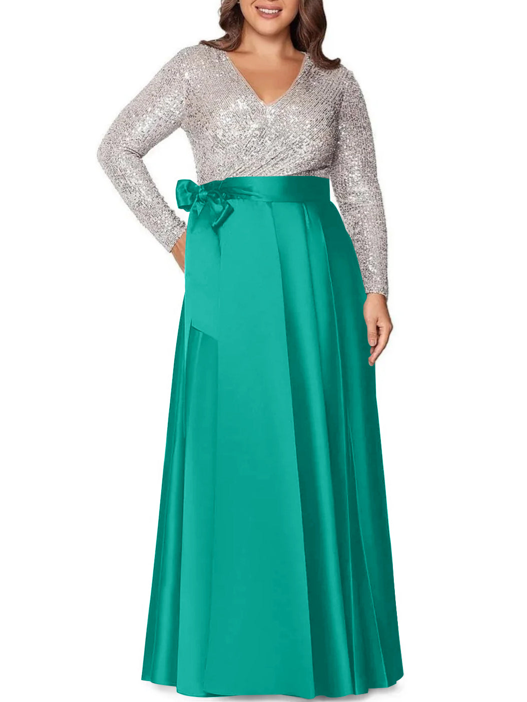 V-Neck A-Line Princess Floor-Length Plus Size Mother of the Bride Dress With Long Sleeves and Pocket Sequins