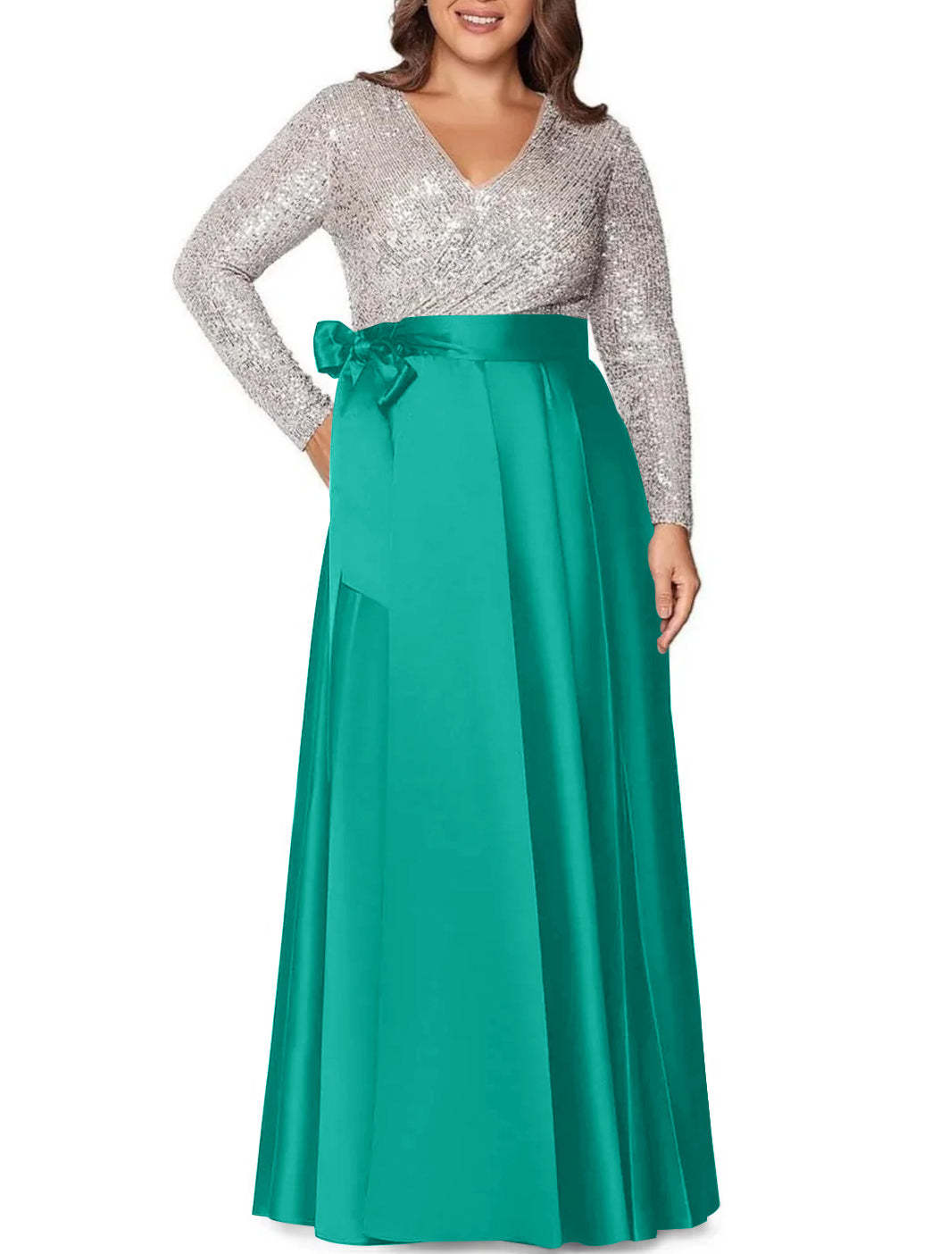 V-Neck A-Line Princess Floor-Length Plus Size Mother of the Bride Dress With Long Sleeves and Pocket Sequins