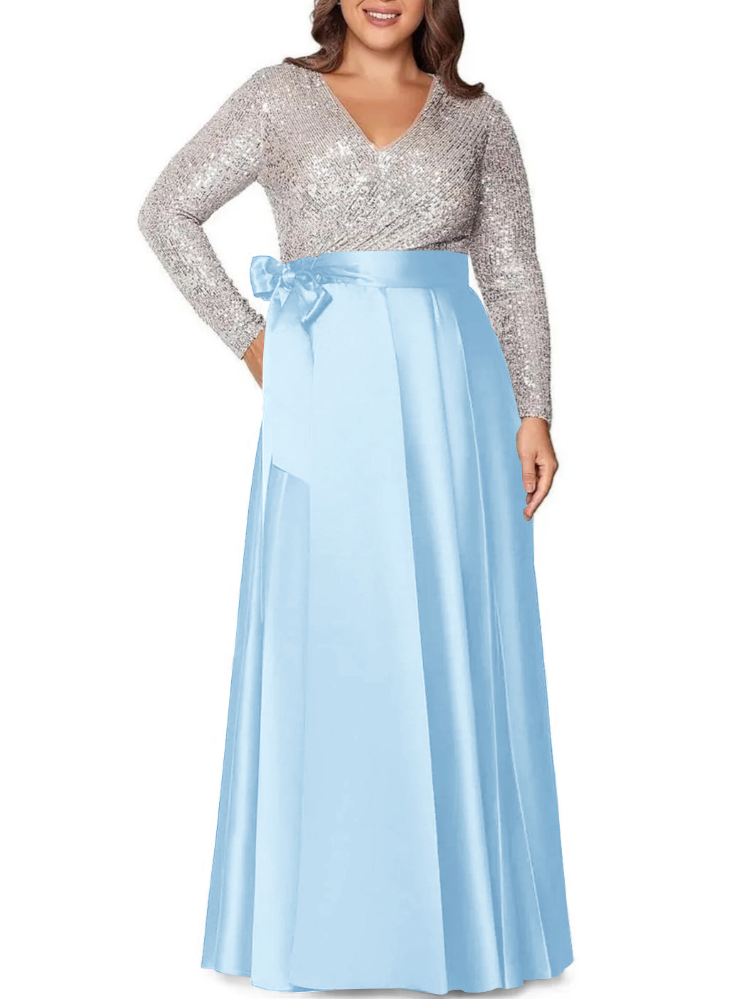V-Neck A-Line Princess Floor-Length Plus Size Mother of the Bride Dress With Long Sleeves and Pocket Sequins