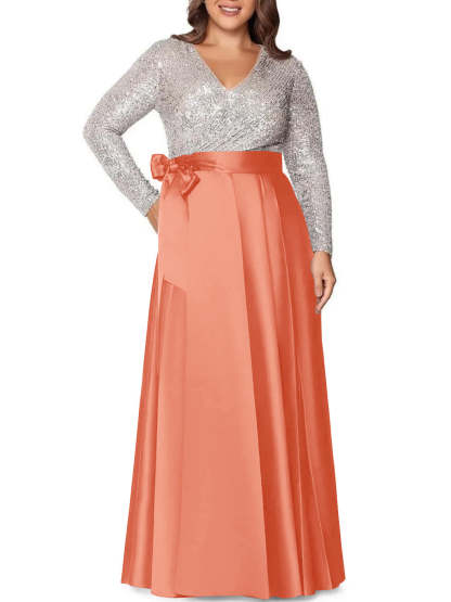 V-Neck A-Line Princess Floor-Length Plus Size Mother of the Bride Dress With Long Sleeves and Pocket Sequins
